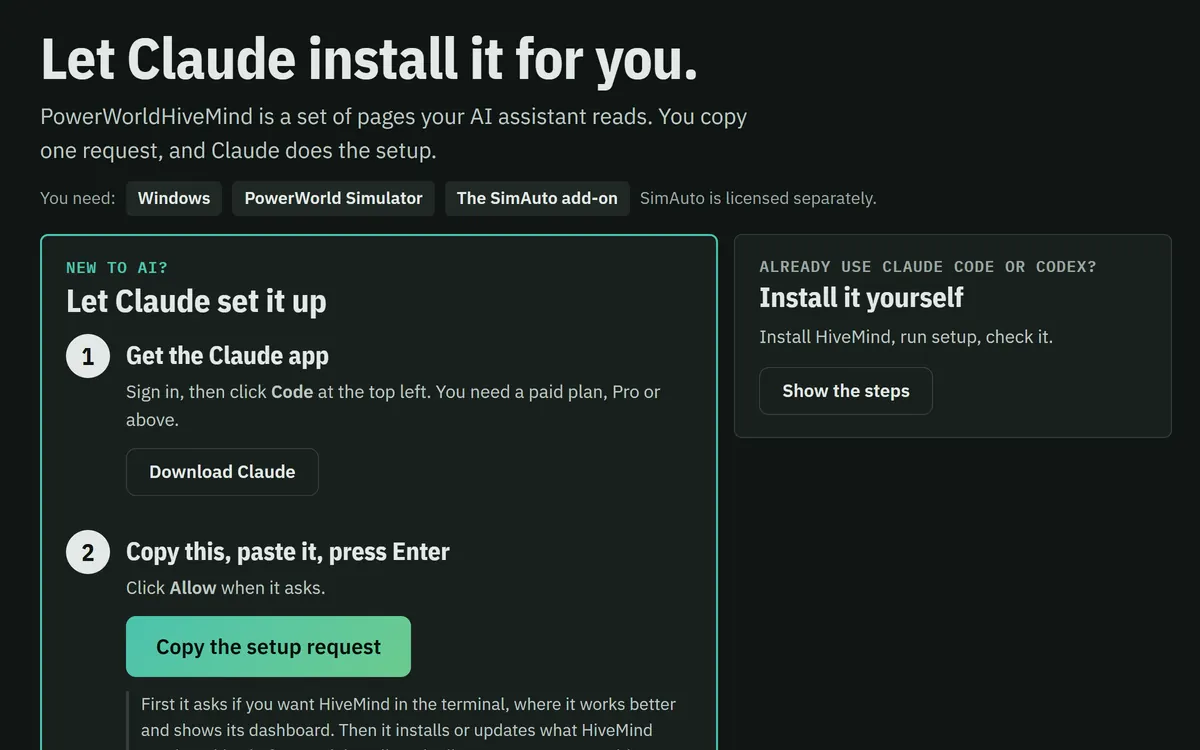 The Install page, headed Let Claude install it for you: step 1 gets the Claude app, step 2 copies one setup request to paste into it.