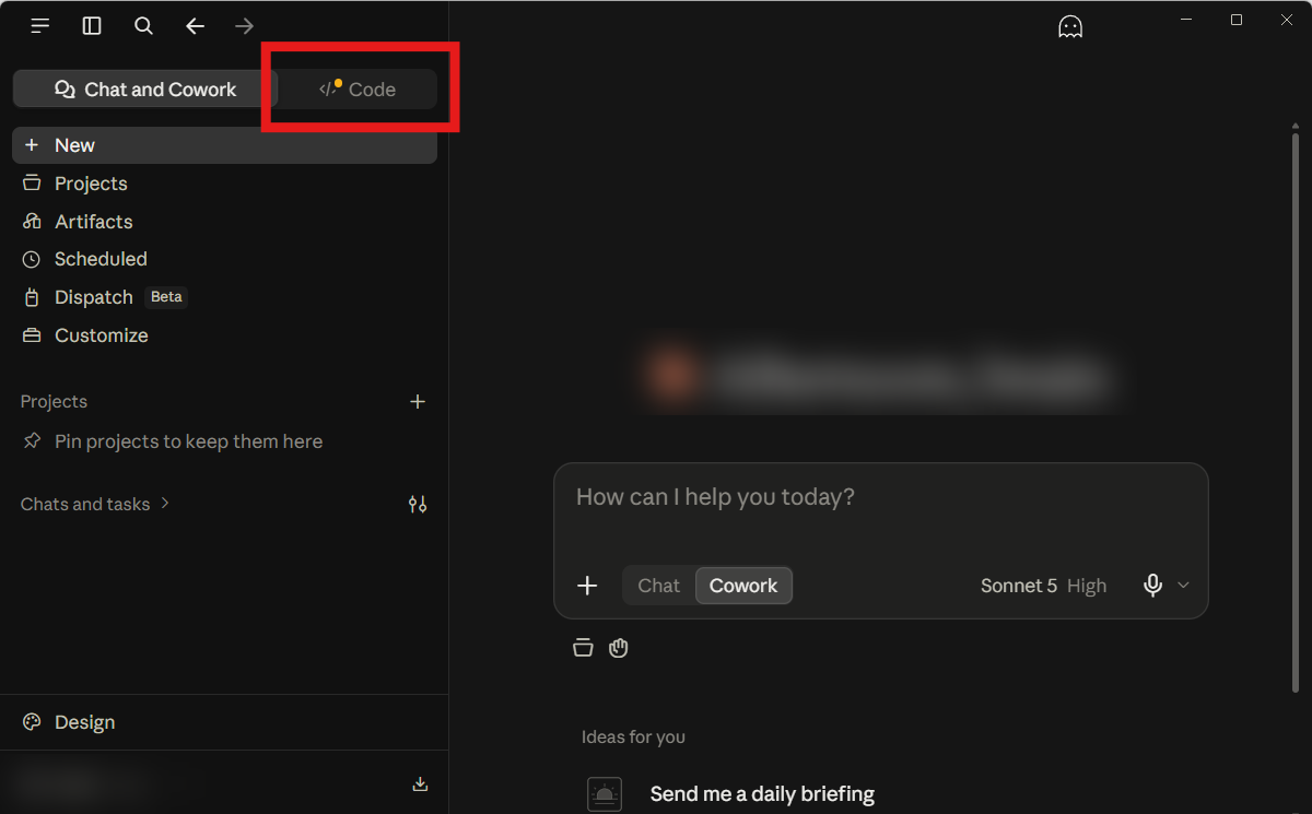 The Code button at the top left of the Claude app, next to Chat and Cowork